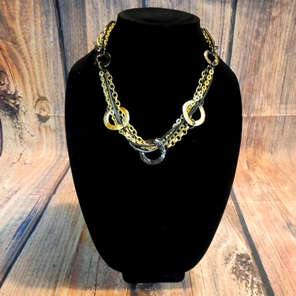VCLM Necklace Gold Tone/Black Multi Chain Boho Hammered Chunky Circle